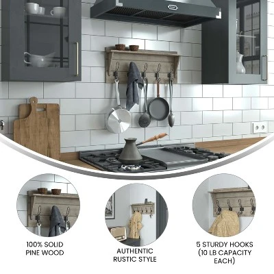 Emma And Oliver Rustic Wall Hanging Storage Rack With 5 Hooks For Entryway, Kitchen, Bathroom And More 7 Emma And Oliver Rustic Wall Hanging Storage Rack With 5 Hooks For Entryway, Kitchen, Bathroom And More - Image 5