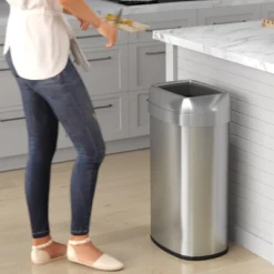 ITouchless Open Top Trash Can With Dual AbsorbX Odor Filters 16 Gallon Elliptical Silver Stainless Steel
