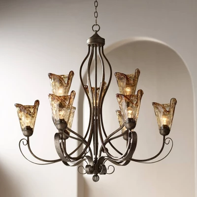 Franklin Iron Works Amber Scroll Golden Bronze Large Chandelier 35 1/2" Wide Rustic Art Glass 9-Light Fixture For Dining Room House Kitchen Island 3 Franklin Iron Works Amber Scroll Golden Bronze Large Chandelier 35 1/2" Wide Rustic Art Glass 9-Light Fixture For Dining Room House Kitchen Island