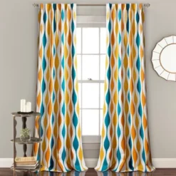 Home Boutique Mid Century Geo Light Filtering Window Curtain Panels Turquoise/Orange 52X84 Set
