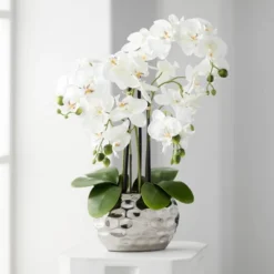 Dahlia Studios Potted Faux Artificial Flowers Realistic White Phalaenopsis Orchid In Silver Pot Home Decoration Office 23" High