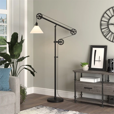 70 In. Pulley Metal Black And Bronze And With Milk Shade Floor Lamp - Henn&Hart 5 70 In. Pulley Metal Black And Bronze And With Milk Shade Floor Lamp - Henn&Hart - Image 3