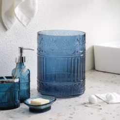 Whole Housewares 7.5'' X 10'' Glass Mosaic Decorative Trash Can - Blue
