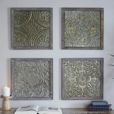 Metal Floral Embossed Wall Decor Set Of 4 Gray - Olivia & May 10 Metal Floral Embossed Wall Decor Set Of 4 Gray - Olivia & May - Image 8