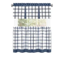 Kate Aurora Windowpane Plaid Country Farmhouse Kitchen Curtain Tier & Valance