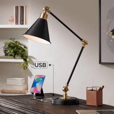360 Lighting Modern Industrial Desk Table Lamp With USB Charging Port Adjustable 26.75" High Black Antique Brass For Bedroom Bedside Office 3 360 Lighting Modern Industrial Desk Table Lamp With USB Charging Port Adjustable 26.75" High Black Antique Brass For Bedroom Bedside Office