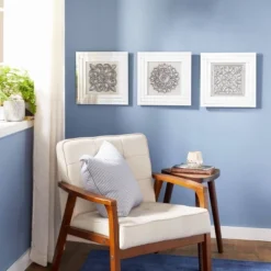 Glass Floral Wall Decor With Embossed Details Set Of 3 White - Olivia & May