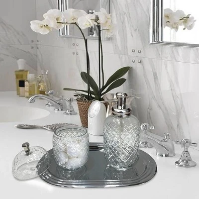 Set Of 3 Emory Glass & Chrome Soap Pump & Q-tip Jar Set With Vanity Tray Metallic Silver - Nu Steel 3 Set Of 3 Emory Glass & Chrome Soap Pump & Q-tip Jar Set With Vanity Tray Metallic Silver - Nu Steel