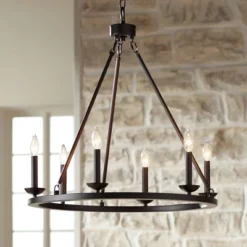 Franklin Iron Works Myland Bronze Wagon Wheel Chandelier 27" Wide Industrial 6-Light Fixture For Dining Room House Kitchen Island Entryway Bedroom