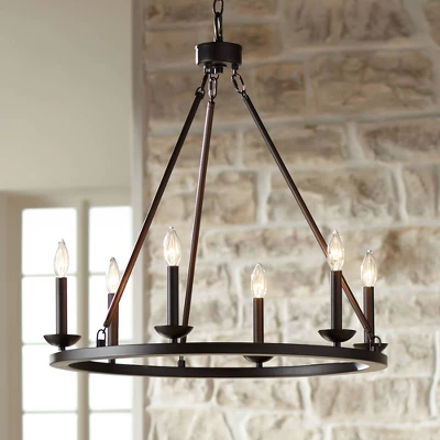 Franklin Iron Works Myland Bronze Wagon Wheel Chandelier 27" Wide Industrial 6-Light Fixture For Dining Room House Kitchen Island Entryway Bedroom 3 Franklin Iron Works Myland Bronze Wagon Wheel Chandelier 27" Wide Industrial 6-Light Fixture For Dining Room House Kitchen Island Entryway Bedroom