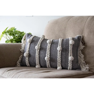 Gray Striped Hand Woven 14x22" Cotton Decorative Throw Pillow With Hand Tied Fringe And Pom Poms - Foreside Home & Garden 6 Gray Striped Hand Woven 14x22" Cotton Decorative Throw Pillow With Hand Tied Fringe And Pom Poms - Foreside Home & Garden - Image 4