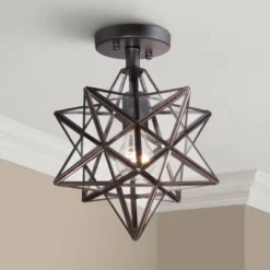 Franklin Iron Works Cuthbert Modern Farmhouse Ceiling Light Semi Flush Mount Fixture 11" Wide Black Iron Moravian Star Clear Glass Panels For Bedroom