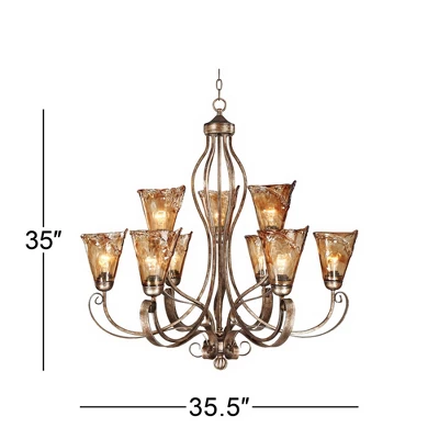 Franklin Iron Works Amber Scroll Golden Bronze Large Chandelier 35 1/2" Wide Rustic Art Glass 9-Light Fixture For Dining Room House Kitchen Island 6 Franklin Iron Works Amber Scroll Golden Bronze Large Chandelier 35 1/2" Wide Rustic Art Glass 9-Light Fixture For Dining Room House Kitchen Island - Image 4