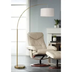 360 Lighting Cora Modern Arc Floor Lamp Standing 72" Tall Brass Metal White Linen Drum Shade Decor For Living Room Reading Bedroom Office House Home