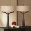 Franklin Iron Works Tremont Modern Mid Century Table Lamps 31 1/2" Tall Set Of 2 Rich Bronze Iron Burlap Fabric Drum Shade For Bedroom Living Room -Home Decor Shop GUEST 827e40f2 3f4b 4153 a8c6 b5df95ceda23