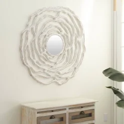 Wood Floral Carved Wall Mirror With Cutout Design White - Novogratz