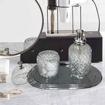 Set Of 3 Emory Glass & Chrome Soap Pump & Q-tip Jar Set With Vanity Tray Metallic Silver - Nu Steel 5 Set Of 3 Emory Glass & Chrome Soap Pump & Q-tip Jar Set With Vanity Tray Metallic Silver - Nu Steel - Image 3