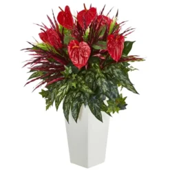 Nearly Natural 33-in Mixed Anthurium Artificial Plant In White Tower Vase"
