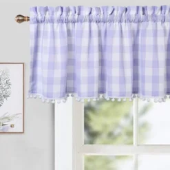 Trinity Buffalo Check Pom Pom Small Valance Curtains For Kitchen Windows