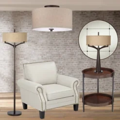 Regency Hill Sylvan Modern Ceiling Light Semi Flush Mount Fixture 14" Wide Bronze 3-Light Oatmeal Fabric Drum Shade For Bedroom Kitchen Living Room -Home Decor Shop GUEST bf13db88 b0e3 440c 8c47 5d9950a0d8e3