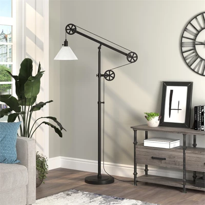 70 In. Pulley Metal Black And Bronze And With Milk Shade Floor Lamp - Henn&Hart 3 70 In. Pulley Metal Black And Bronze And With Milk Shade Floor Lamp - Henn&Hart