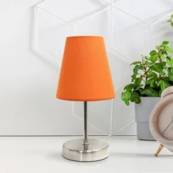10.5" Petite Metal Stick Bedside Table Desk Lamp In Sand Nickel With Fabric Shade Orange - Creekwood Home -Home Decor Shop GUEST cd90d4b9 d020 4d67 bd4b 251c8790e973