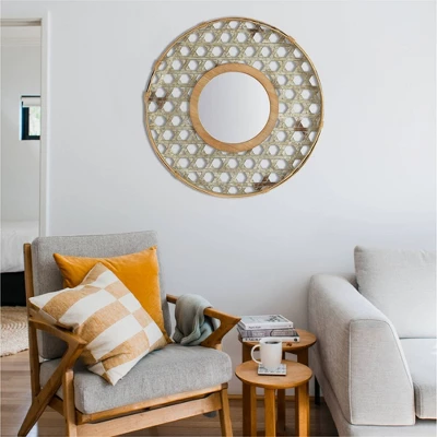Round Metal Wall Mirror With Galvanized Wood Frame - Storied Home 3 Round Metal Wall Mirror With Galvanized Wood Frame - Storied Home
