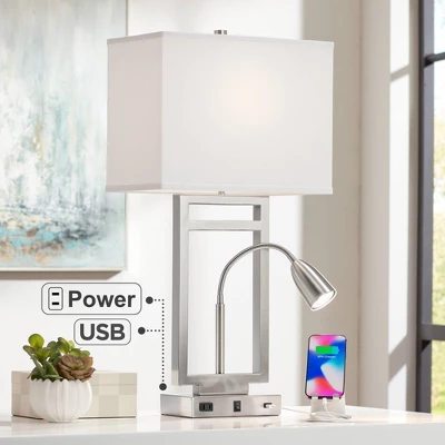 Possini Euro Design Modern Table Lamp With USB Outlet Reading Light LED 29.25" Tall Brushed Nickel Rectangular Off White Shade Bedroom Office 3 Possini Euro Design Modern Table Lamp With USB Outlet Reading Light LED 29.25" Tall Brushed Nickel Rectangular Off White Shade Bedroom Office