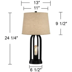 360 Lighting Marcel Industrial Table Lamps 24 1/4" High Set Of 2 Black With USB Port LED Nightlight Burlap Drum Shade For Bedroom Living Room Desk -Home Decor Shop GUEST eb633317 f600 45d3 ae18 d56b75f16339