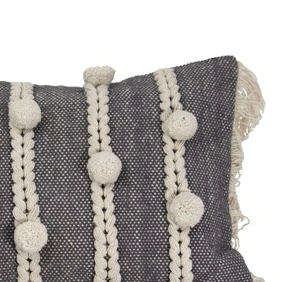 Gray Striped Hand Woven 14x22" Cotton Decorative Throw Pillow With Hand Tied Fringe And Pom Poms - Foreside Home & Garden 3 Gray Striped Hand Woven 14x22" Cotton Decorative Throw Pillow With Hand Tied Fringe And Pom Poms - Foreside Home & Garden