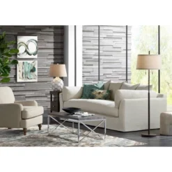 Possini Euro Design Cosgrove Modern Mid Century Table Lamp 26 1/2" High White Glazed Ceramic Light Brown Linen Drum Shade For Bedroom Living Room Home -Home Decor Shop GUEST ffd25a4f a7ba 4a02 a4d9 7f06db03c19a